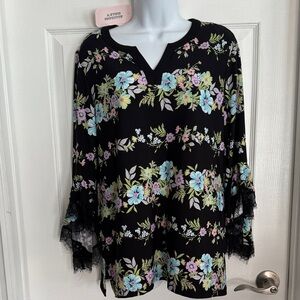 Floral Black Blouse with Lace by Avenue